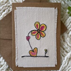 Handcrafted Embroidered Greeting Card Floral Heart Hand Painted Yellow Pink